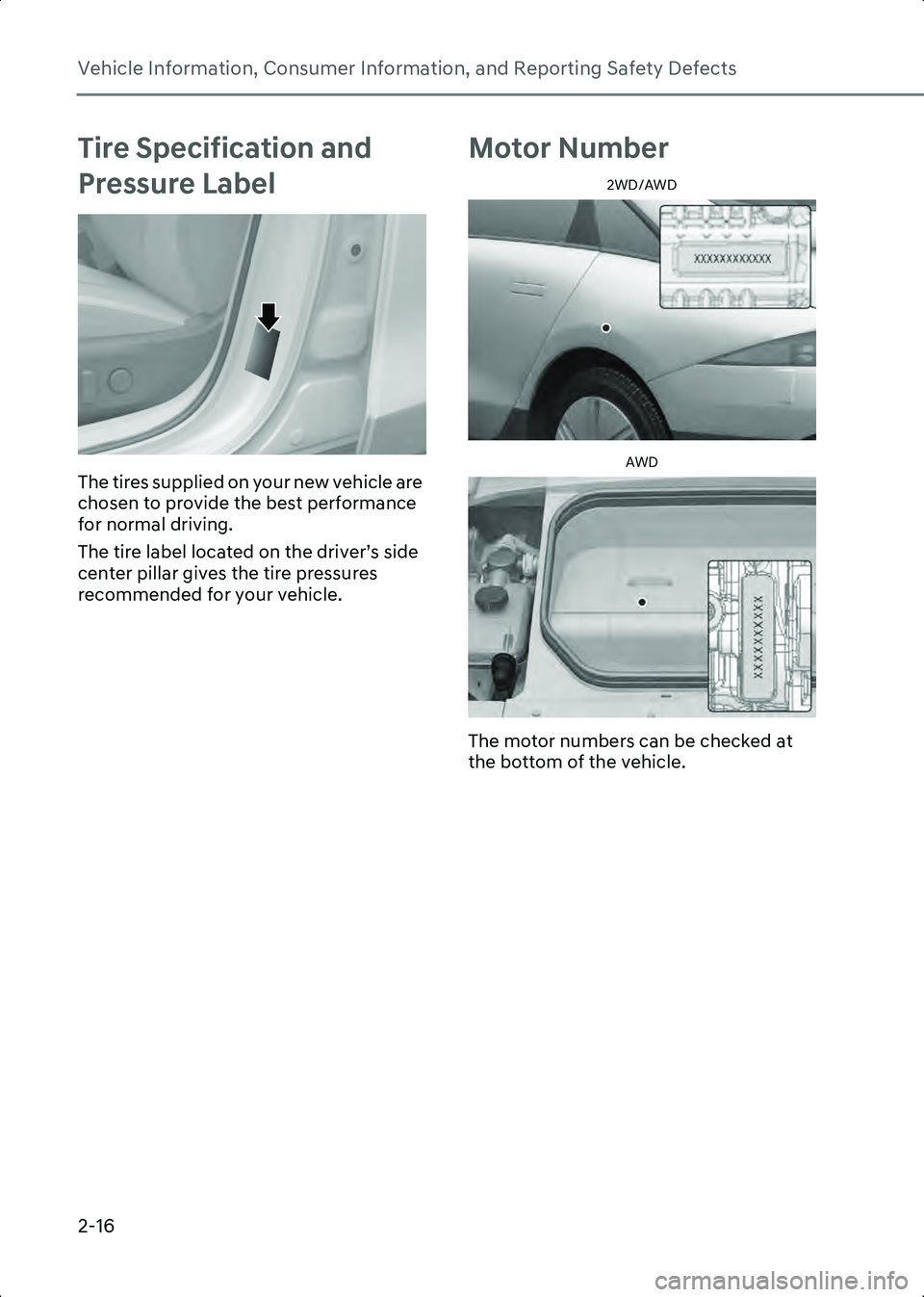 HYUNDAI IONIQ 6 2023  Owners Manual Vehicle Information, Consumer Information, and Reporting Safety Defects
2-16
Tire Specification and 
Pressure Label
ONE1011025L
The tires supplied on your new vehicle are 
chosen to provide the best p