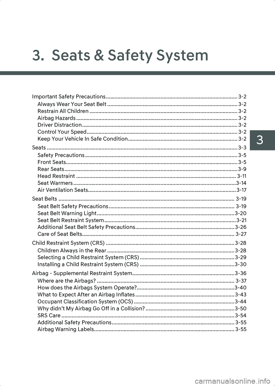 HYUNDAI IONIQ 6 2023  Owners Manual 3
3.  Seats & Safety System
Important Safety Precautions......................................................................................... 3-2Always Wear Your Seat Belt ........................