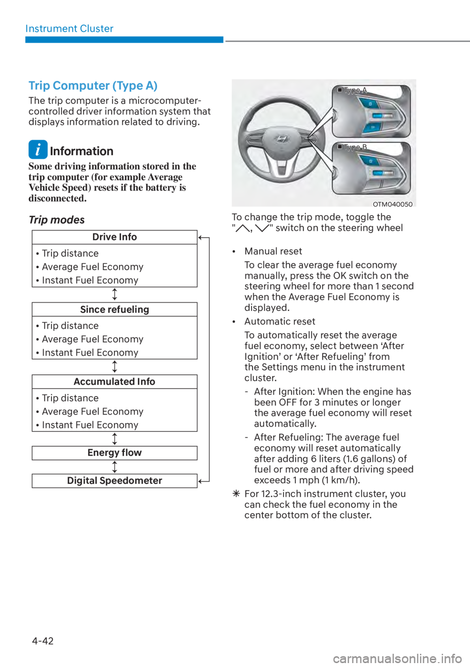 HYUNDAI SANTA FE HYBRID 2023  Owners Manual Instrument Cluster4-42
Trip Computer (Type A)
The trip computer is a microcomputer-
controlled driver information system that 
displays information related to driving.
 Information
Some driving inform