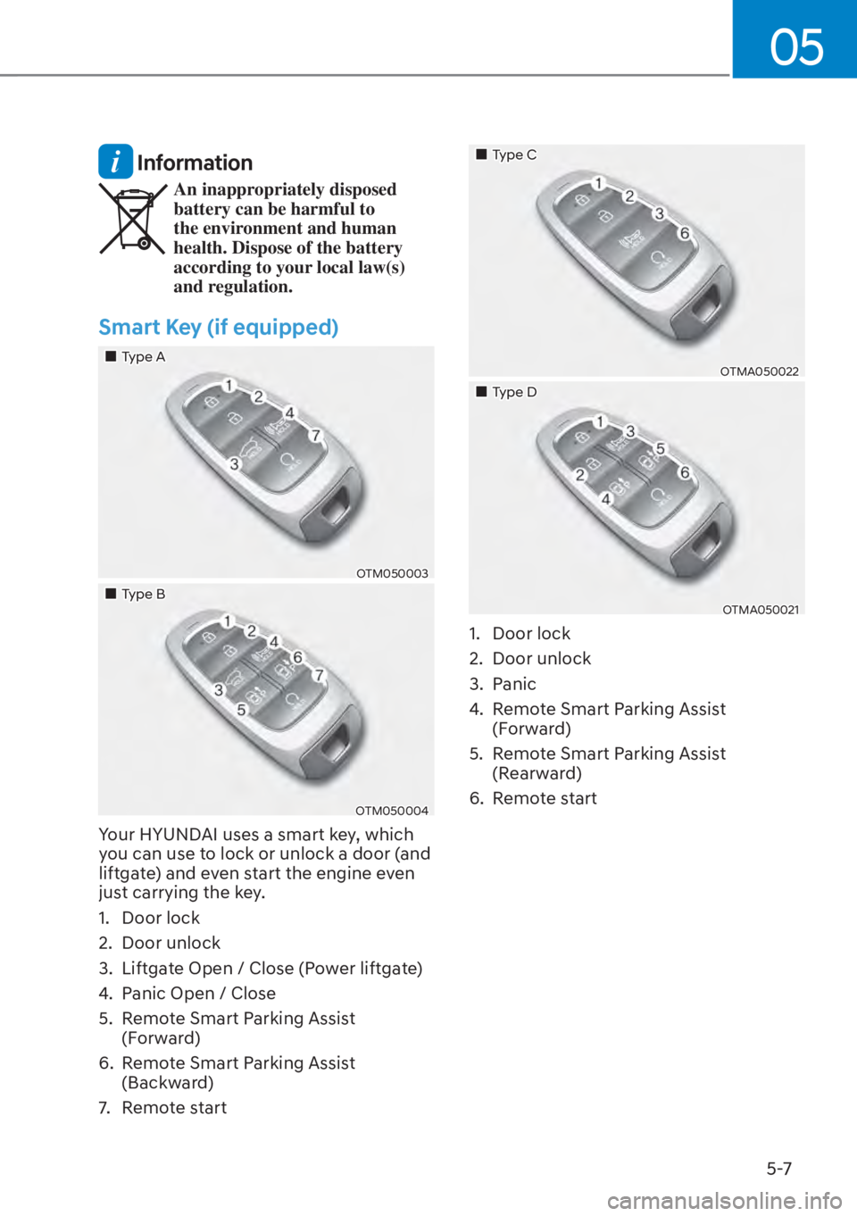 HYUNDAI SANTA FE HYBRID 2023  Owners Manual 05
5-7
 Information
An inappropriately disposed 
battery can be harmful to 
the environment and human 
health. Dispose of the battery 
according to your local law(s) 
and regulation.
Smart Key (if equ
