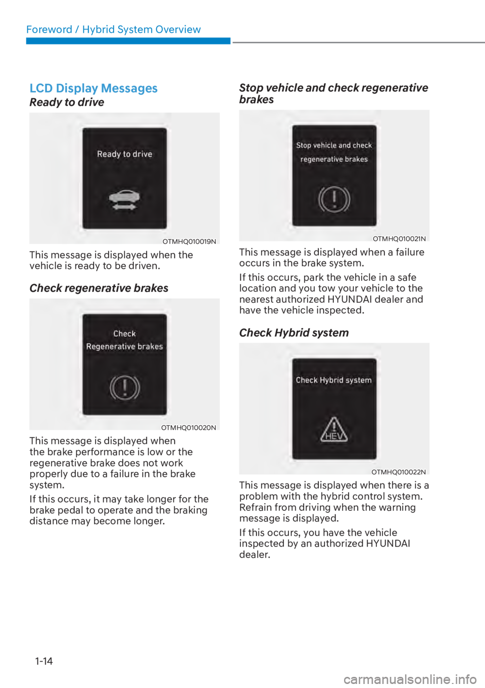 HYUNDAI SANTA FE HYBRID 2023  Owners Manual Foreword / Hybrid System Overview1-14
LCD Display Messages
Ready to drive
OTMHQ010019N
This message is displayed when the 
vehicle is ready to be driven.
Check regenerative brakes
OTMHQ010020N
This me