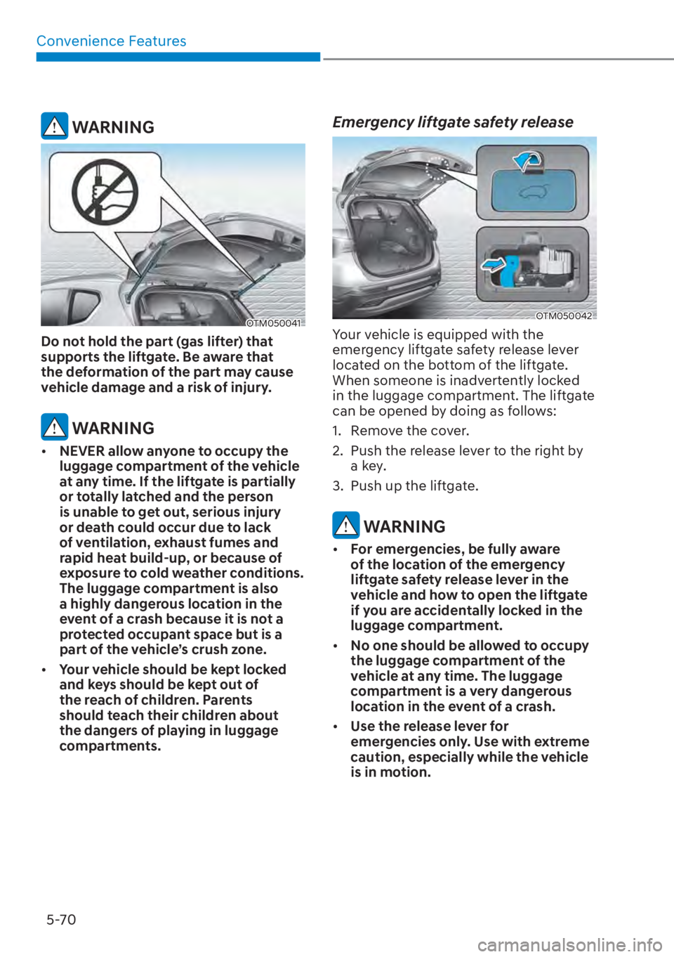 HYUNDAI SANTA FE HYBRID 2023 Owners Manual Convenience Features5-70
WARNING
OTM050041
Do not hold the part (gas lifter) that
supports the liftgate. Be aware that
the deformation of the part may cause
vehicle damage and a risk of injury.
HYUNDAI SANTA FE HYBRID 2023 Owners Manual Convenience Features5-70
WARNING
OTM050041
Do not hold the part (gas lifter) that
supports the liftgate. Be aware that
the deformation of the part may cause
vehicle damage and a risk of injury.