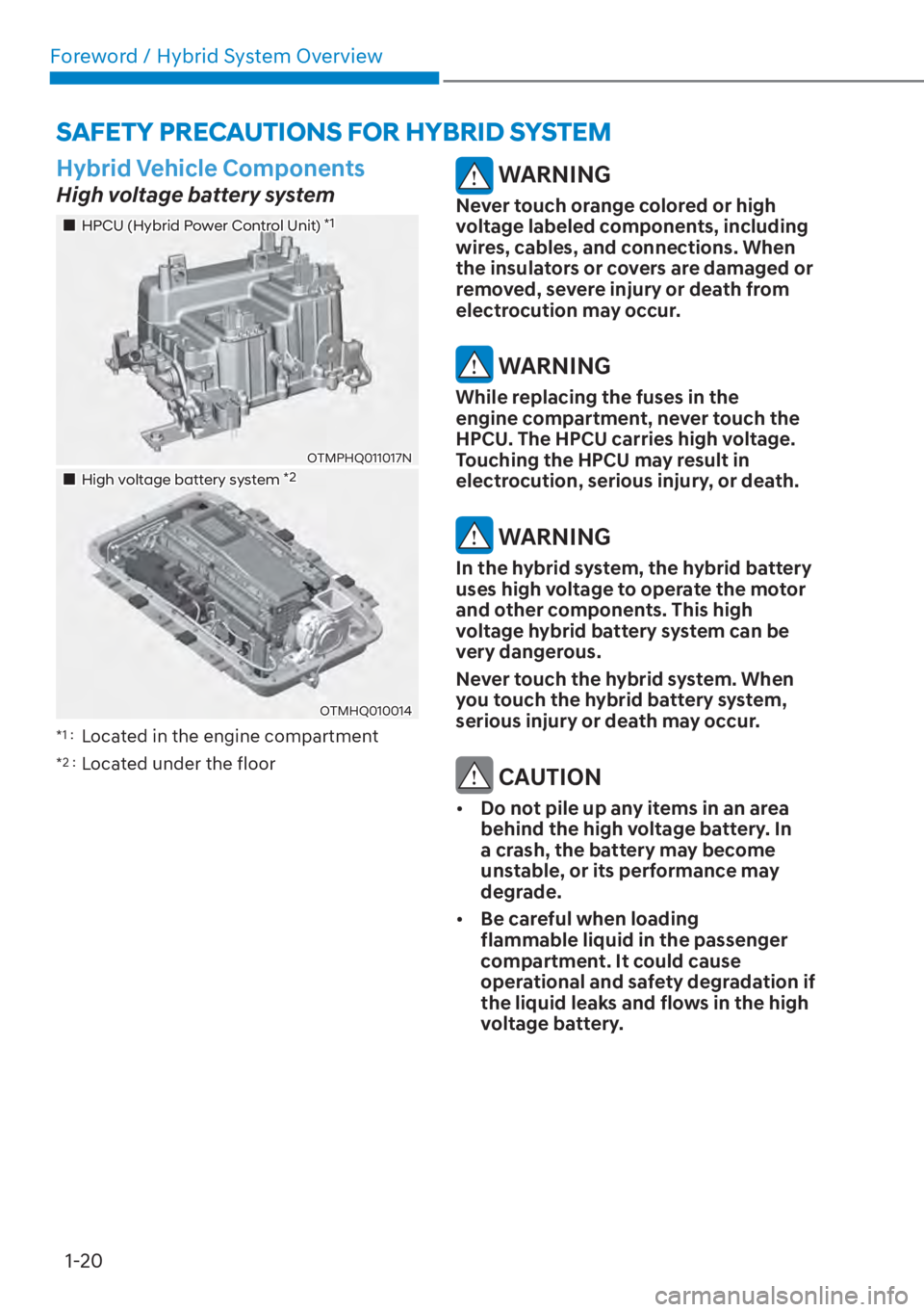 HYUNDAI SANTA FE HYBRID 2023  Owners Manual Foreword / Hybrid System Overview1-20
SAFETY PRECAUTIONS FOR HYBRID SYSTEM
Hybrid Vehicle Components
High voltage battery system
��„HPCU (Hybrid Power Control Unit) *1
OTMPHQ011017N
��„High volt