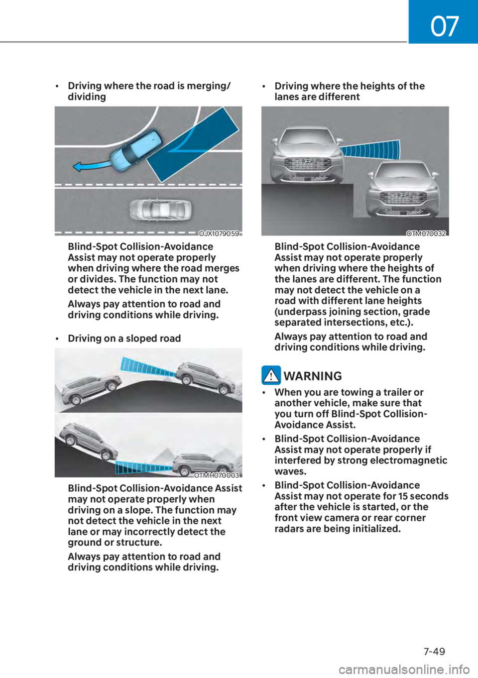 HYUNDAI SANTA FE HYBRID 2023  Owners Manual 07
7-49
[�Driving where the road is merging/
dividing
OJX1079059
Blind-Spot Collision-Avoidance 
Assist may not operate properly 
when driving where the road merges 
or divides. The function may not
