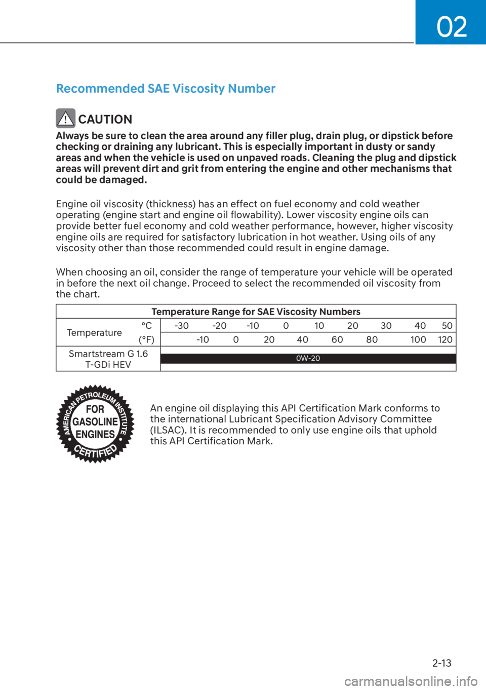 HYUNDAI SANTA FE HYBRID 2023  Owners Manual 02
2-13
Recommended SAE Viscosity Number
 CAUTION
Always be sure to clean the area around any filler plug, drain plug, or dipstick before 
checking or draining any lubricant. This is especially import