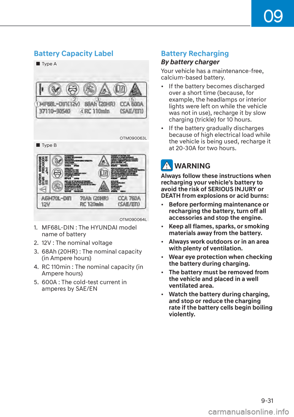 HYUNDAI SANTA FE HYBRID 2023  Owners Manual 09
9-31
Battery Capacity Label
��„Type A
OTM090063L
��„Type B
OTM090064L
1.  MF68L-DIN : The HYUNDAI model name of battery
2.  12V : The nominal voltage
3.  68Ah (20HR) : The nominal capacity  (