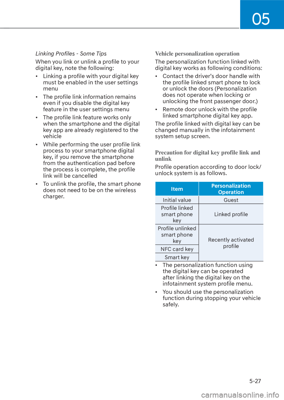 HYUNDAI TUCSON HYBRID 2023  Owners Manual 05
5-27
Linking Profiles - Some Tips
When you link or unlink a profile to your 
digital key, note the following:
•  Linking a profile with your digital key must be enabled in the user settings 
menu