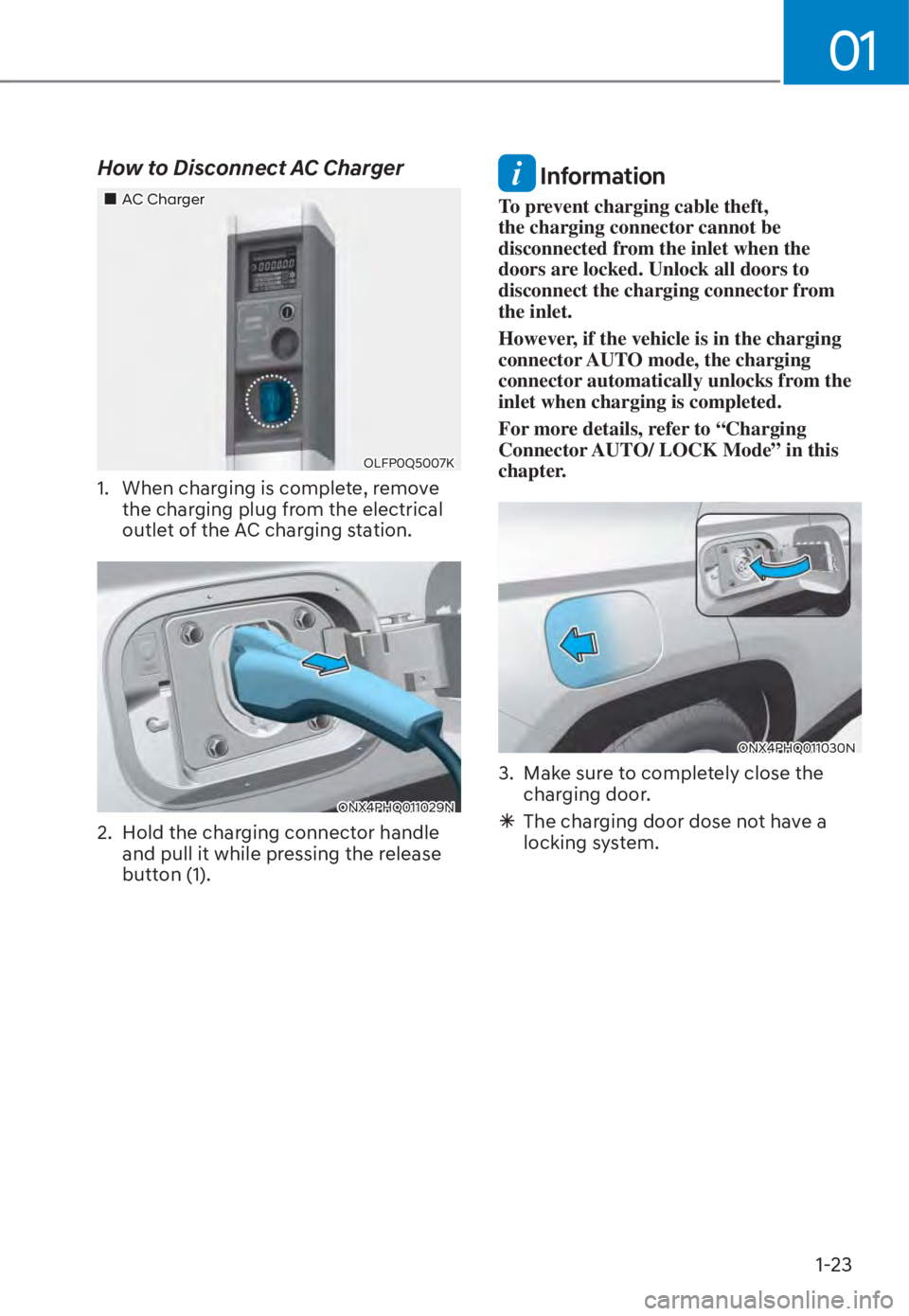 HYUNDAI TUCSON HYBRID 2023  Owners Manual 01
1-23
How to Disconnect AC Charger
���„�„AC ChargerAC Charger
OLFP0Q5007KOLFP0Q5007K
1.  When charging is complete, remove the charging plug from the electrical 
outlet of the AC charging stat