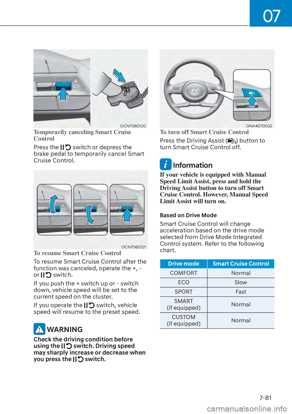 HYUNDAI TUCSON HYBRID 2023 Owners Manual 07
7-81
OCN7060120OCN7060120Temporarily canceling Smart Cruise
Control
Press the
switch or depress the
brake pedal to temporarily cancel Smart
Cruise Control.
OCN7060121OCN7060121To resume Smart HYUNDAI TUCSON HYBRID 2023 Owners Manual 07
7-81
OCN7060120OCN7060120Temporarily canceling Smart Cruise
Control
Press the
switch or depress the
brake pedal to temporarily cancel Smart
Cruise Control.
OCN7060121OCN7060121To resume Smart