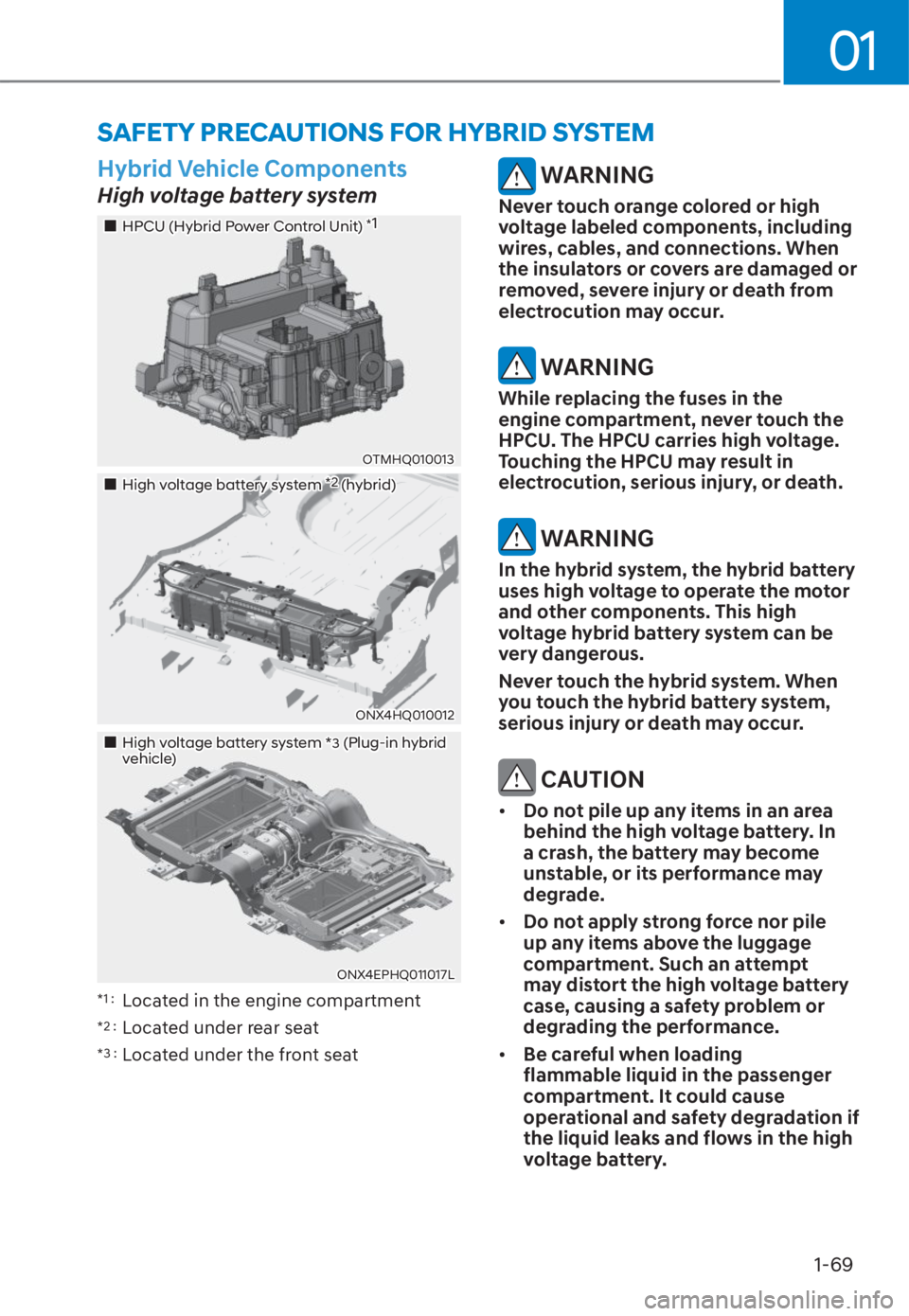 HYUNDAI TUCSON HYBRID 2023  Owners Manual 01
1-69
SAFETY PRECAUTIONS FOR HYBRID SYSTEM
Hybrid Vehicle Components
High voltage battery system
���„�„HPCU (Hybrid Power Control Unit) HPCU (Hybrid Power Control Unit) **11
OTMHQ010013OTMHQ01