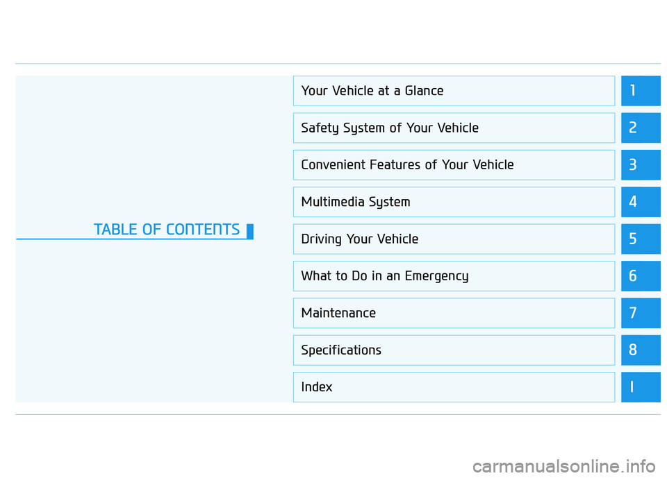 HYUNDAI VELOSTER 2020  Owners Manual 1
2
3
4
5
6
7
8
I
Your Vehicle at a Glance
Safety System of Your Vehicle
Convenient Features of Your Vehicle
Multimedia System
Driving Your Vehicle
What to Do in an Emergency
Maintenance
Specification