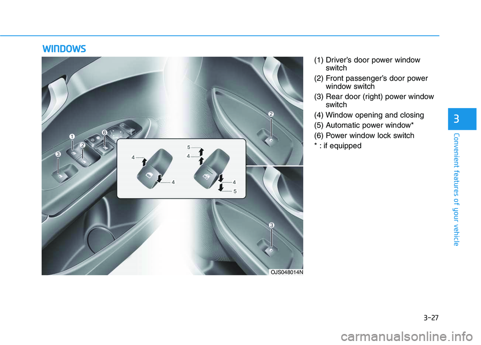 HYUNDAI VELOSTER 2020  Owners Manual 3-27
Convenient features of your vehicle
3
(1) Driver’s door power window
switch
(2) Front passenger’s door power
window switch
(3) Rear door (right) power window
switch
(4) Window opening and clo