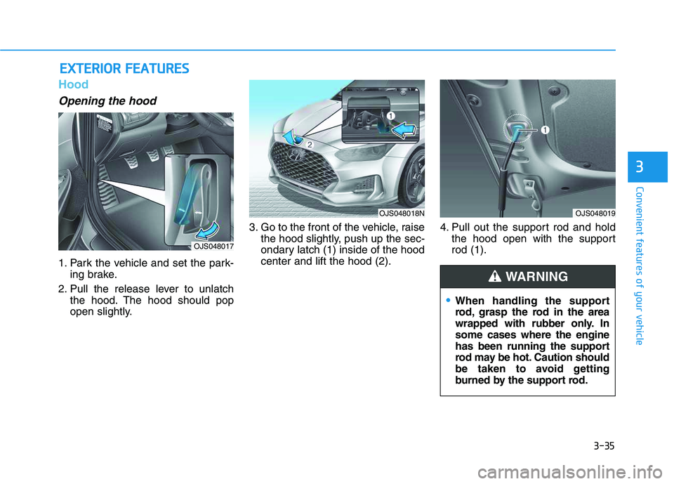 HYUNDAI VELOSTER 2020  Owners Manual 3-35
Convenient features of your vehicle
3
Hood
Opening the hood 
1. Park the vehicle and set the park-
ing brake.
2. Pull the release lever to unlatch
the hood. The hood should pop
open slightly.3. G