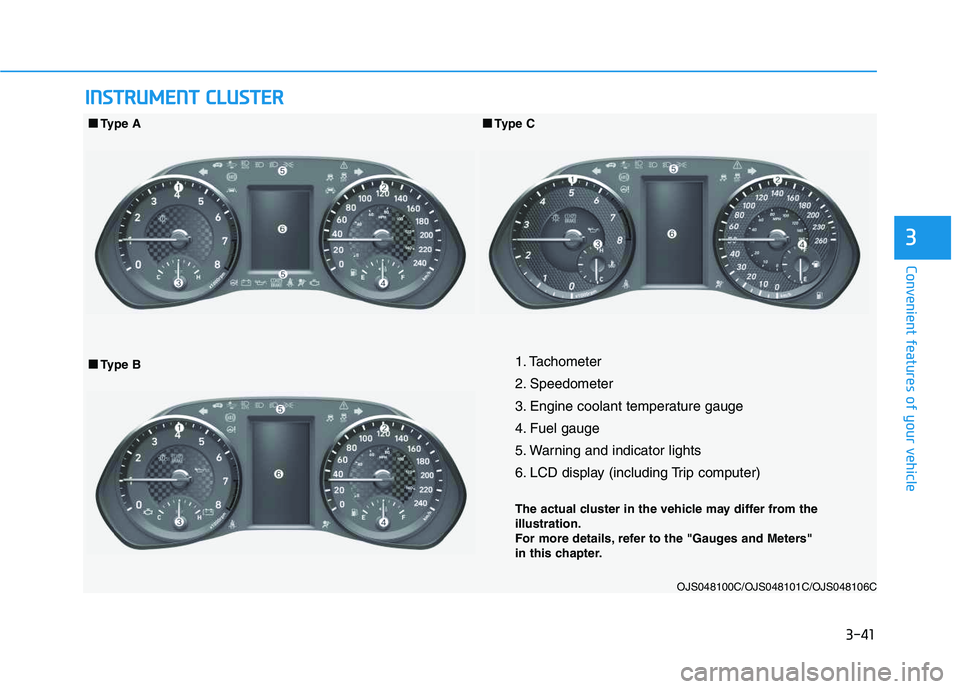 HYUNDAI VELOSTER 2020  Owners Manual 3-41
Convenient features of your vehicle
3
I IN
NS
ST
TR
RU
UM
ME
EN
NT
T 
 C
CL
LU
US
ST
TE
ER
R
1. Tachometer 
2. Speedometer
3. Engine coolant temperature gauge
4. Fuel gauge
5. Warning and indicat