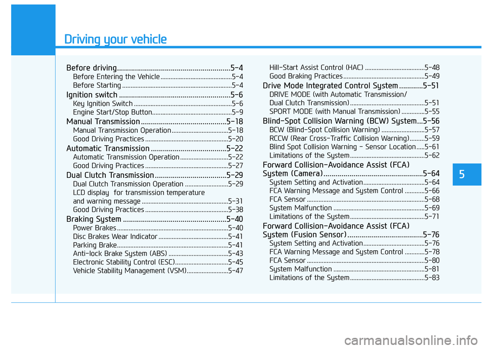 HYUNDAI VELOSTER 2020  Owners Manual Driving your vehicle
5
Before driving.........................................................5-4
Before Entering the Vehicle ...........................................5-4
Before Starting ...........