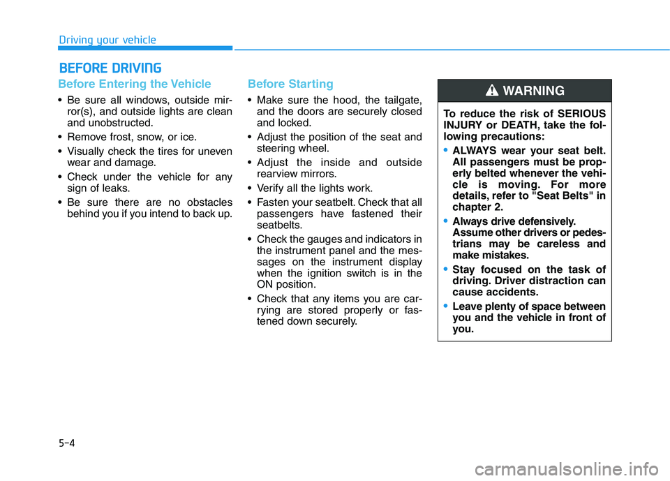HYUNDAI VELOSTER 2020  Owners Manual 5-4
Driving your vehicle
Before Entering the Vehicle
• Be sure all windows, outside mir-
ror(s), and outside lights are clean
and unobstructed.
 Remove frost, snow, or ice.
 Visually check the tires