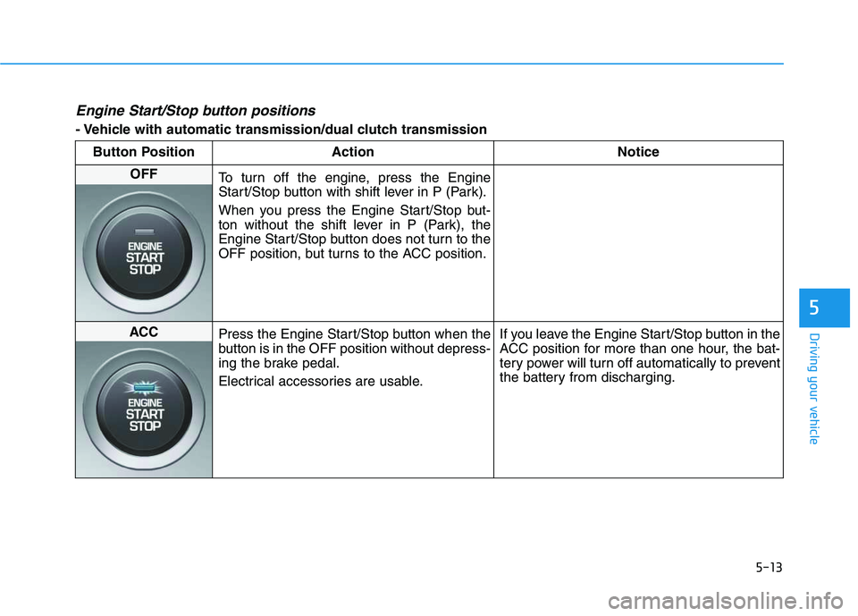 HYUNDAI VELOSTER 2020  Owners Manual 5-13
Driving your vehicle
5
Engine Start/Stop button positions 
- Vehicle with automatic transmission/dual clutch transmission
Button Position Action Notice
OFF
To turn off the engine, press the Engin
