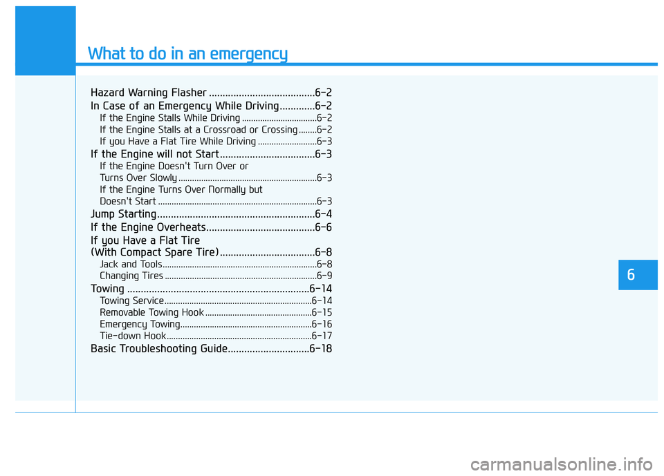 HYUNDAI VELOSTER 2020  Owners Manual What to do in an emergency
6
Hazard Warning Flasher .......................................6-2
In Case of an Emergency While Driving.............6-2
If the Engine Stalls While Driving ................