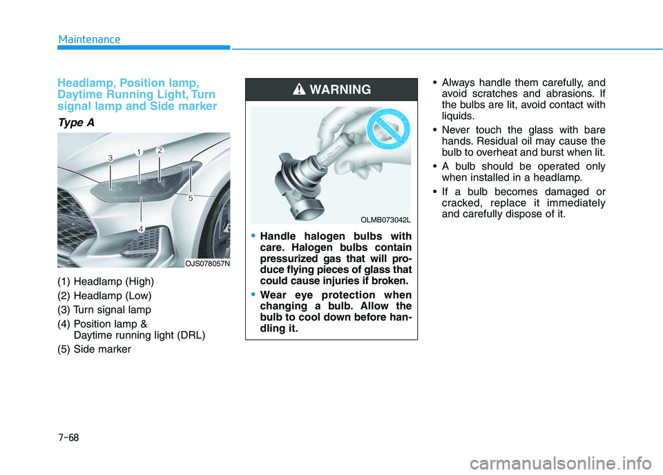 HYUNDAI VELOSTER 2020  Owners Manual 7-68
Maintenance
Headlamp, Position lamp,
Daytime Running Light, Turn
signal lamp and Side marker
Type A
(1) Headlamp (High)
(2) Headlamp (Low)
(3) Turn signal lamp
(4) Position lamp & 
Daytime runnin