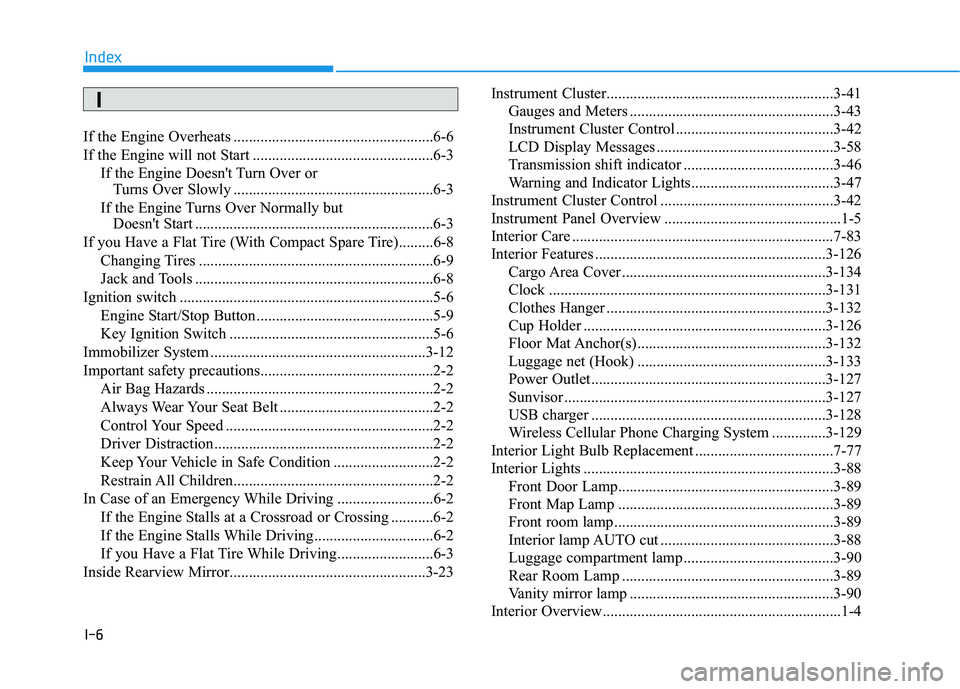 HYUNDAI VELOSTER 2020  Owners Manual I-6
If the Engine Overheats ....................................................6-6
If the Engine will not Start ...............................................6-3
If the Engine Doesn't Turn Over 