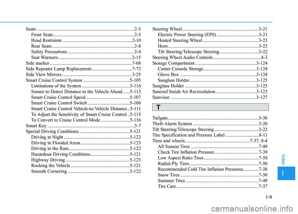 HYUNDAI VELOSTER 2020  Owners Manual I-9
Seats ..................................................................................2-3
Front Seats ....................................................................2-5
Head Restraints ....