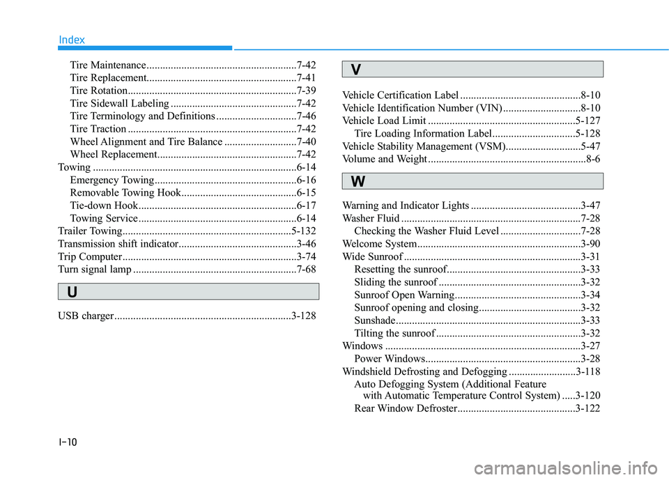 HYUNDAI VELOSTER 2020  Owners Manual I-10
Tire Maintenance ........................................................7-42
Tire Replacement........................................................7-41
Tire Rotation...........................