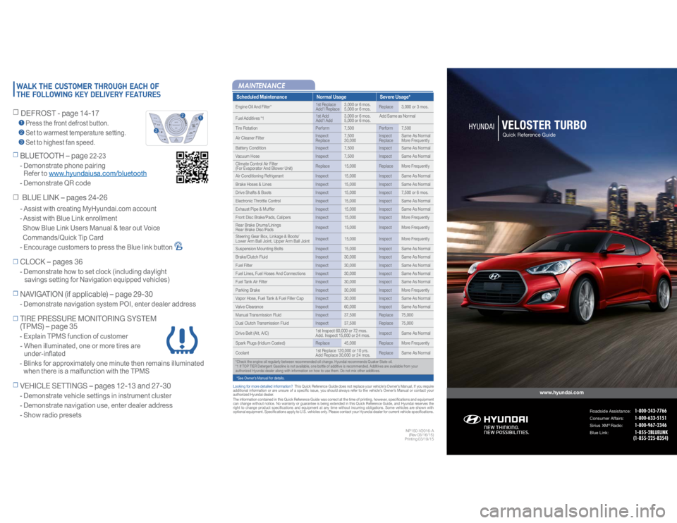 HYUNDAI VELOSTER 2016  Owners Manual VELOSTER TURBO 2
www.hyundai.com
Roadside Assistance:  1-800-243-7766 
Consumer Affairs:    1-800-633-5151  
Sirius 
XM
®Radio:    1-800-967-2346 
Blue Link:    1-855-2BLUELINK 
 (1-855-225-8354)HYUN