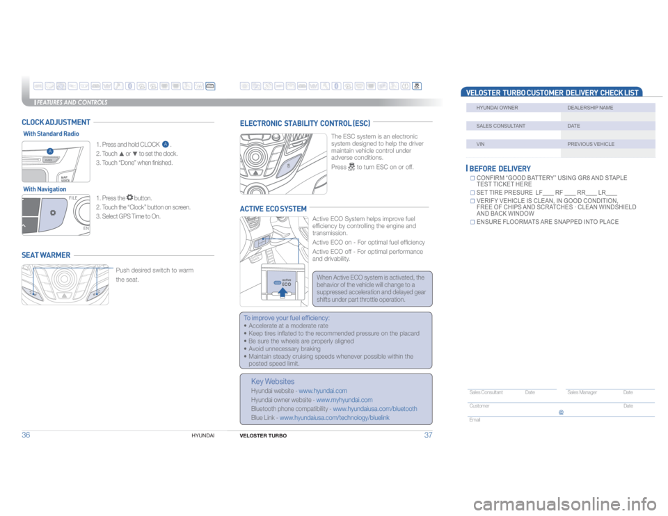 HYUNDAI VELOSTER 2016  Owners Manual VELOSTER TURBO 37FEATURES AND CONTROLS
36
HYUNDAI   ☐      CONFIRM “GOOD BATTERY” USING GR8 AND STAPLE  
TEST TICKET HERE
☐     SET TIRE PRESURE  LF         RF          RR         LR        
