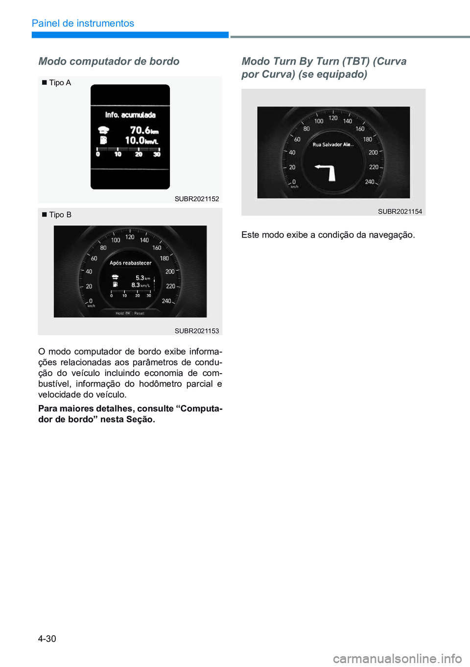 HYUNDAI CRETA 2021  Manual de utilização (in Portuguese) 4-30
Painel de instrumentos
Modo computador de bordo
O modo computador de bordo exibe informa-
ções relacionadas aos parâmetros de condu-
ção do veículo incluindo economia de com-
bustível, inf