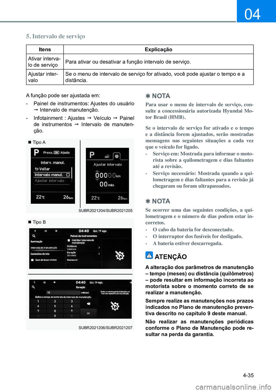 HYUNDAI CRETA 2021 Manual de utilização (in Portuguese) 4-35
04
Q n o ta
Para usar o menu de intervalo de serviço, con-
sulte a concessionária autorizada Hyundai Mo-
tor Brasil (HMB).
Se o intervalo de serviço for ativado e o tempo
e a distância for HYUNDAI CRETA 2021 Manual de utilização (in Portuguese) 4-35
04
Q n o ta
Para usar o menu de intervalo de serviço, con-
sulte a concessionária autorizada Hyundai Mo-
tor Brasil (HMB).
Se o intervalo de serviço for ativado e o tempo
e a distância for