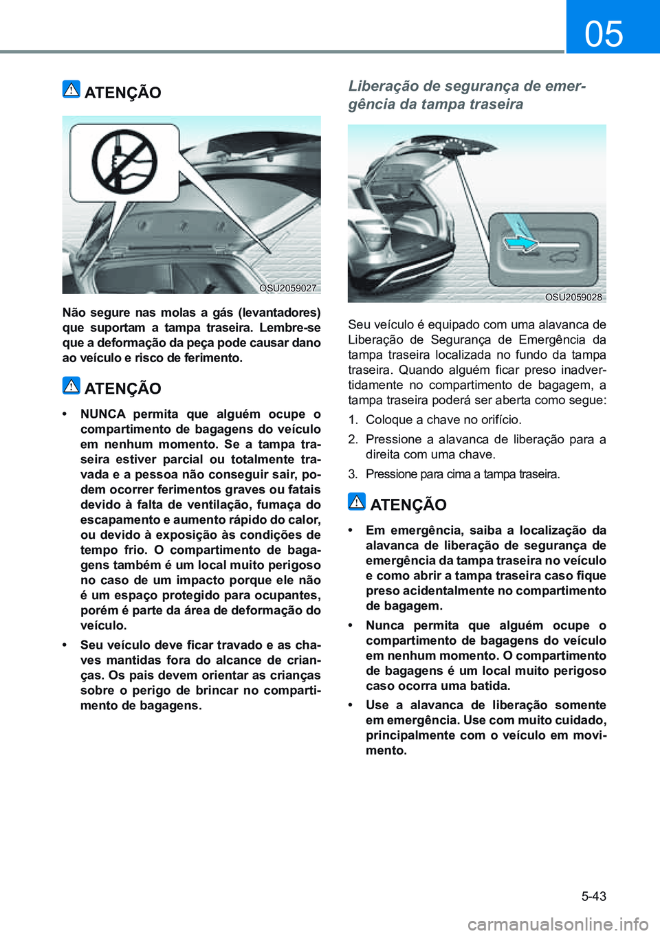 HYUNDAI CRETA 2021  Manual de utilização (in Portuguese) 5-43
05
ATenÇÃo
não segure nas molas a gás (levantadores) 
que suportam a tampa traseira. lembre-se 
que a deformação da peça pode causar dano 
ao veículo e risco de ferimento.
ATenÇÃo
•	 