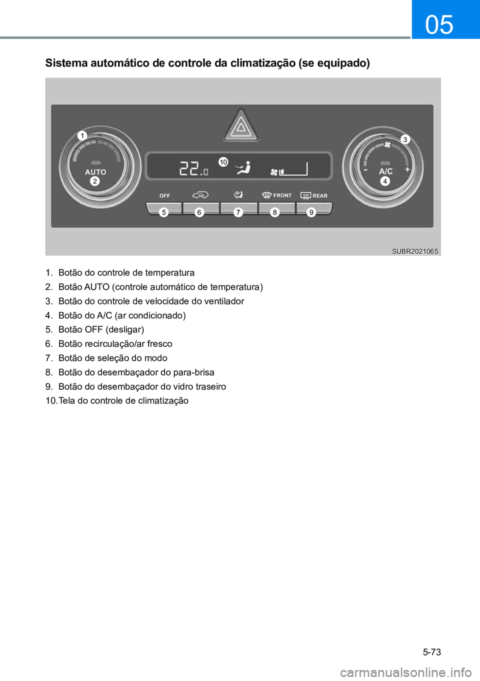 HYUNDAI CRETA 2021  Manual de utilização (in Portuguese) 5-73
05
1
2
56789
10
3
4
sistema automático de controle da climatização (se equipado)
1. Botão do controle de temperatura
2.  Botão AUTO (controle automático de temperatura)
3.  Botão do contro