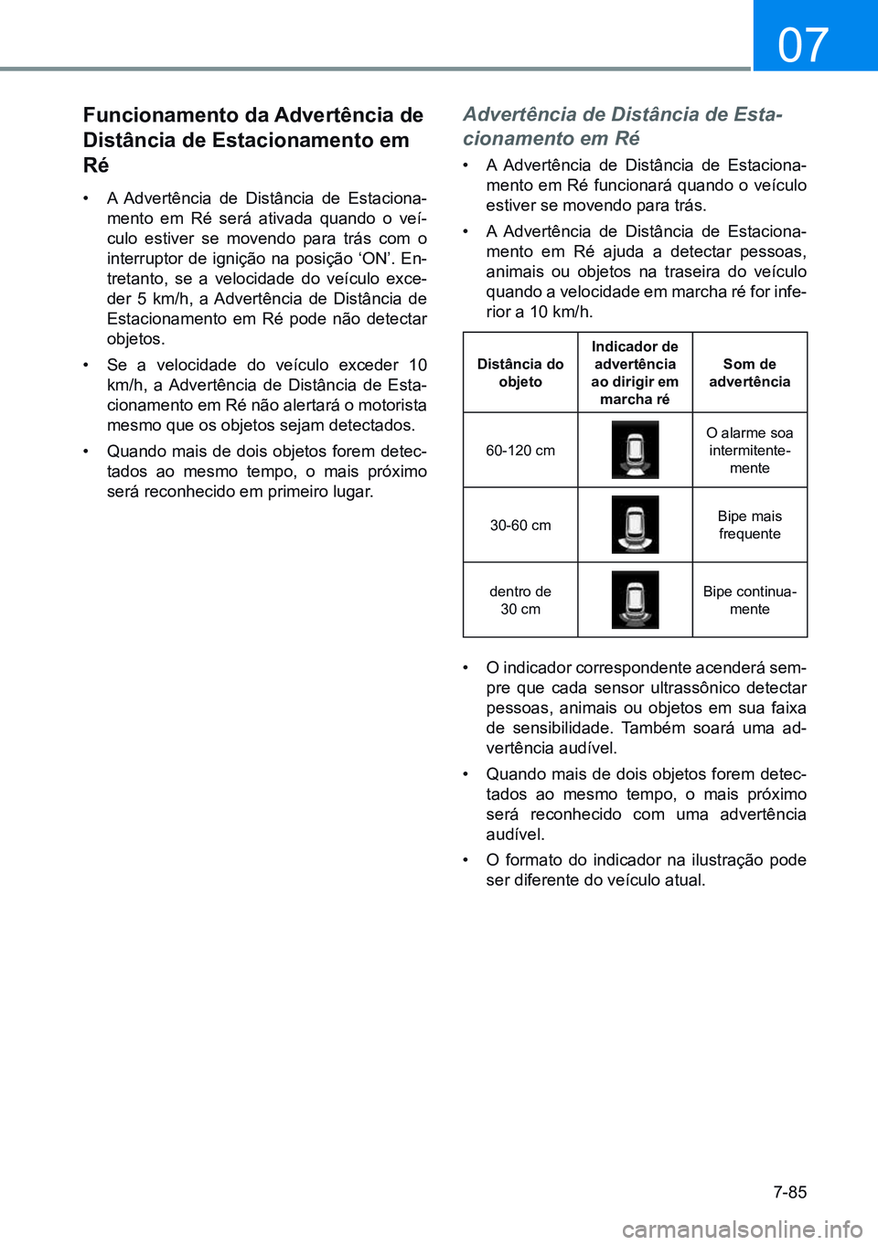 HYUNDAI CRETA 2021  Manual de utilização (in Portuguese) 7-85
07
Funcionamento da advertência de 
distância de estacionamento em 
ré
•  A Advertência de Distância de Estaciona -
mento em Ré será ativada quando o veí-
culo estiver se movendo para t