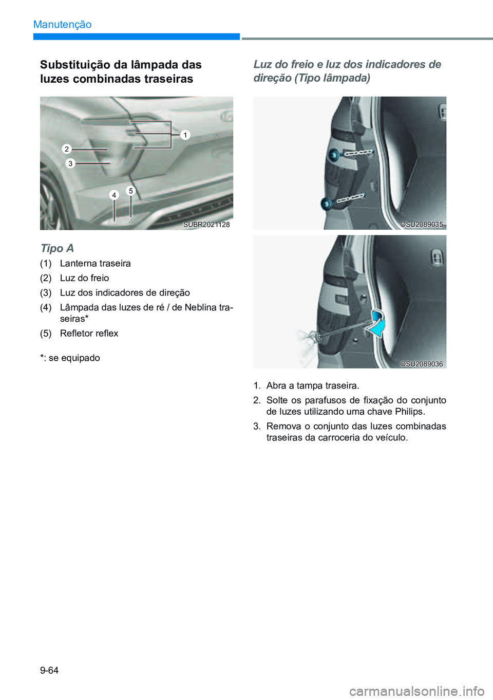 HYUNDAI CRETA 2021  Manual de utilização (in Portuguese) 9-64
Manutenção
Substituição da lâmpada das  
luzes combinadas traseiras
Tipo A
(1)  Lanterna traseira
(2)   Luz do freio
(3)   Luz dos indicadores de direção
(4)   Lâmpada das luzes de ré / 