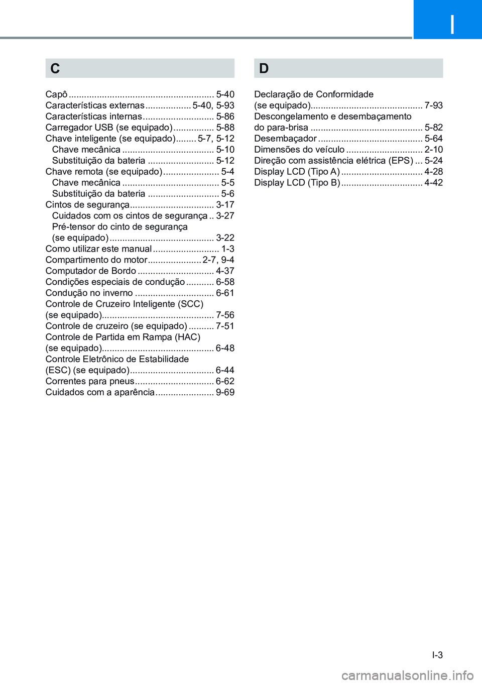 HYUNDAI CRETA 2021 Manual de utilização (in Portuguese) I-3
I
C
Capô ......................................................... 5-40
Características externas ..................5-40, 5-93
Características internas ............................5-86
Carrega HYUNDAI CRETA 2021 Manual de utilização (in Portuguese) I-3
I
C
Capô ......................................................... 5-40
Características externas ..................5-40, 5-93
Características internas ............................5-86
Carrega
