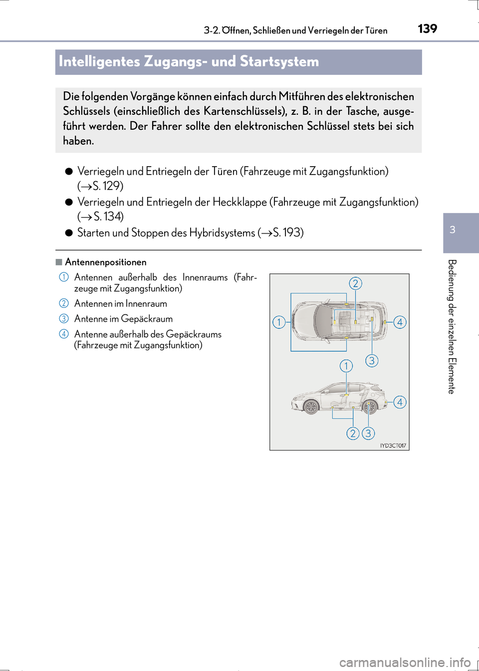 Lexus CT200h 2017  Betriebsanleitung (in German) 139
3
3-2. Öffnen, Schließen und Verriegeln der Türen
Bedienung der einzelnen Elemente
CT200h_OM_OM99N09M_(EM)
Intelligentes Zugangs- und Startsystem
●Verriegeln und Entriegeln der Türen  (Fahrz
