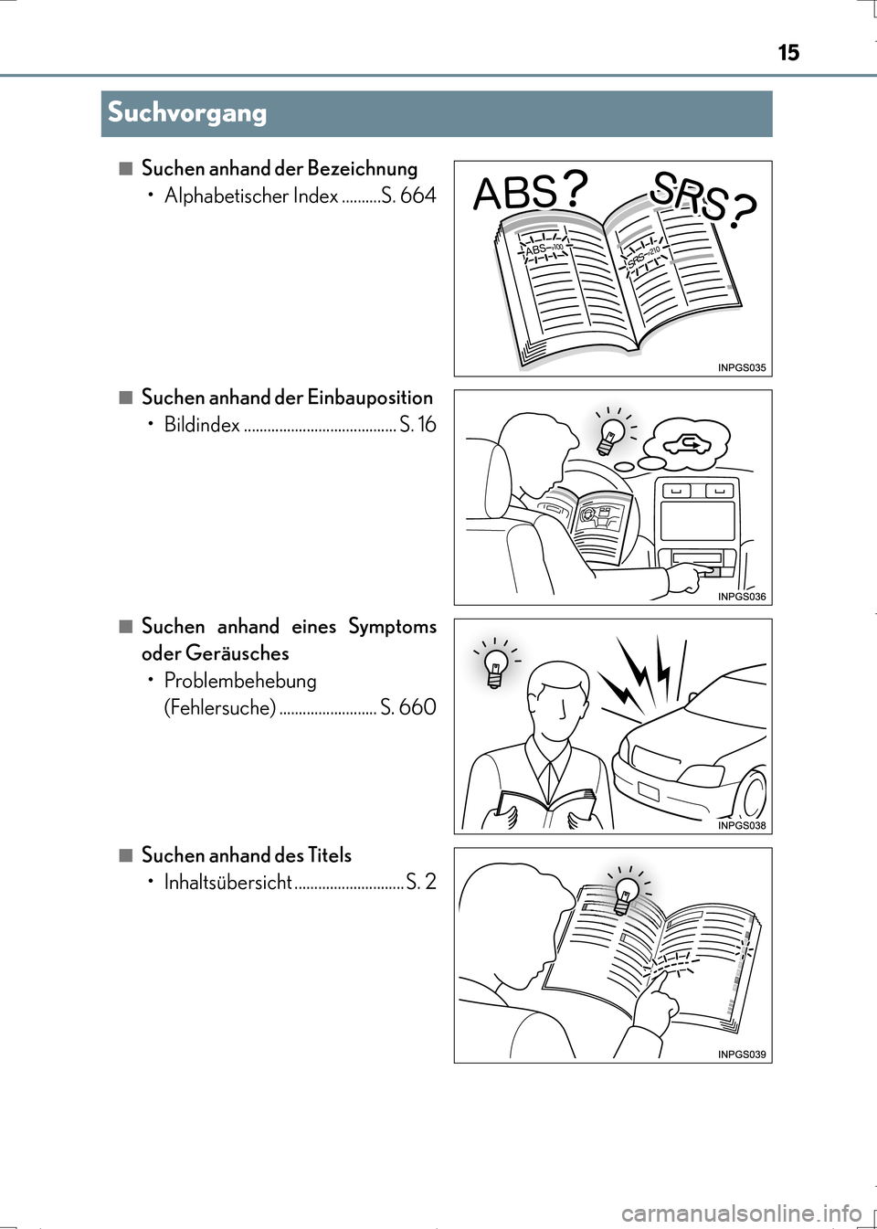 Lexus CT200h 2017  Betriebsanleitung (in German) 15
CT200h_OM_OM99N09M_(EM)
Suchvorgang
■Suchen anhand der Bezeichnung• Alphabetischer Index ..........S. 664
■Suchen anhand der Einbauposition• Bildindex ......................................