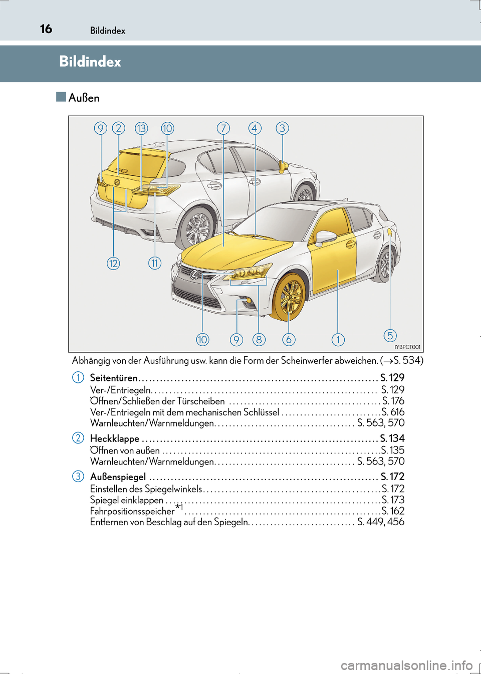 Lexus CT200h 2017 Betriebsanleitung (in German) 16Bildindex
CT200h_OM_OM99N09M_(EM)
Bildindex
■Außen
Abhängig von der Ausführung usw. kann die Form der Scheinwerfer abweichen. (→S. 534)
Seitentüren . . . . . . . . . . . . . . . . . . . . . Lexus CT200h 2017 Betriebsanleitung (in German) 16Bildindex
CT200h_OM_OM99N09M_(EM)
Bildindex
■Außen
Abhängig von der Ausführung usw. kann die Form der Scheinwerfer abweichen. (→S. 534)
Seitentüren . . . . . . . . . . . . . . . . . . . . .