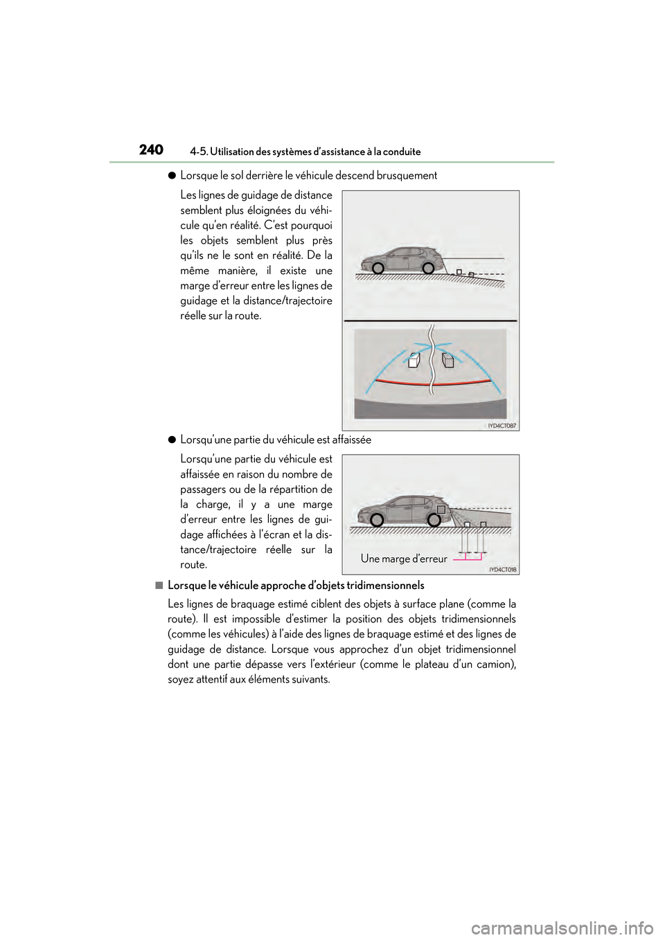Lexus CT200h 2017 Manuel du propriétaire (in French) 240
CT200h_OM_OM76215D_(D)4-5. Utilisation des systèmes d’assistance à la conduite
●Lorsque le sol derrière le véhicule descend brusquement
Les lignes de guidage de distance
semblent plus élo Lexus CT200h 2017 Manuel du propriétaire (in French) 240
CT200h_OM_OM76215D_(D)4-5. Utilisation des systèmes d’assistance à la conduite
●Lorsque le sol derrière le véhicule descend brusquement
Les lignes de guidage de distance
semblent plus élo