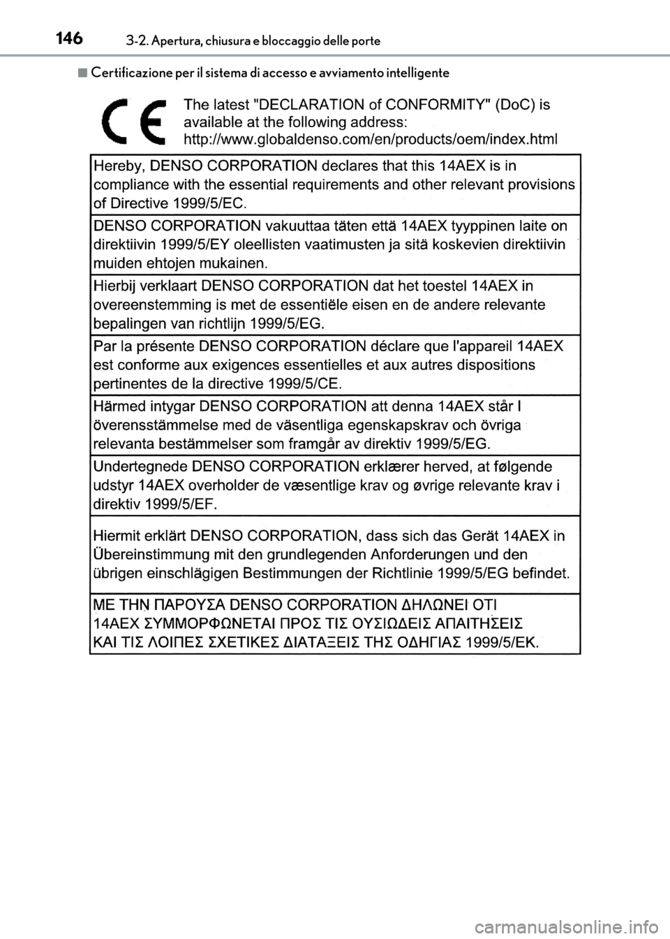 Lexus CT200h 2017  Manuale del proprietario (in Italian) 1463-2. Apertura, chiusura e bloccaggio delle porte
CT200h_OM_OM99N10L_(EL)
■Certificazione per il sistema di accesso e avviamento intelligente
CT200h_OM_OM99N10L_(EL).book  Page 146  Thursday, Apri