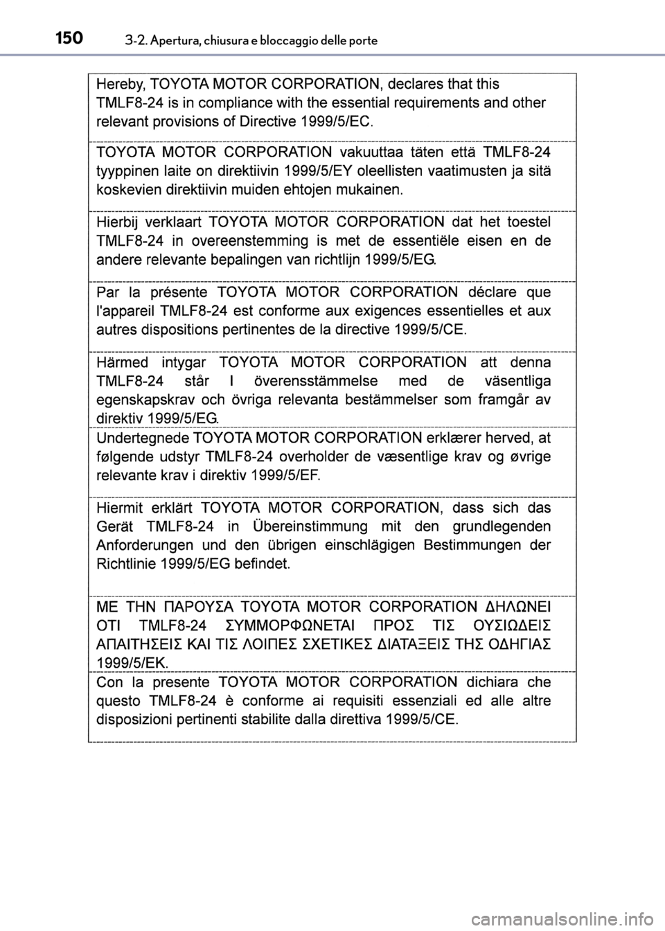 Lexus CT200h 2017  Manuale del proprietario (in Italian) 1503-2. Apertura, chiusura e bloccaggio delle porte
CT200h_OM_OM99N10L_(EL)
CT200h_OM_OM99N10L_(EL).book  Page 150  Thursday, April 14, 2016  9:14 AM 