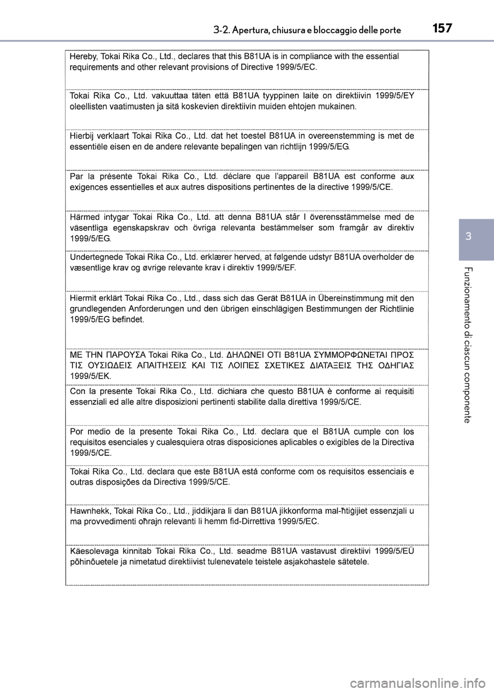 Lexus CT200h 2017  Manuale del proprietario (in Italian) 1573-2. Apertura, chiusura e bloccaggio delle porte
3
Funzionamento di ciascun componente
CT200h_OM_OM99N10L_(EL)
CT200h_OM_OM99N10L_(EL).book  Page 157  Thursday, April 14, 2016  9:14 AM 