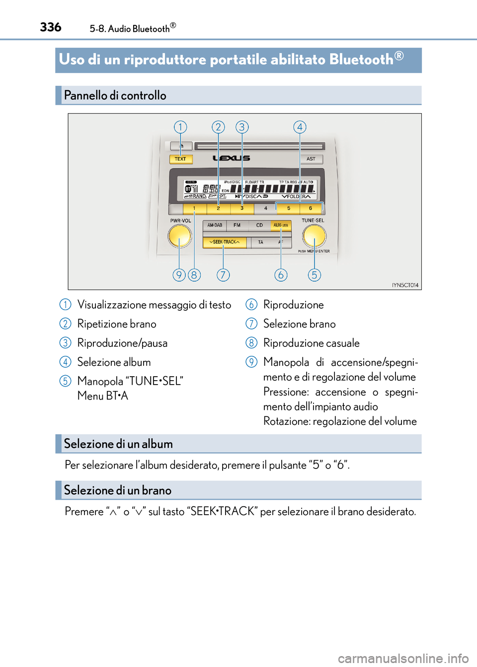 Lexus CT200h 2017  Manuale del proprietario (in Italian) 3365-8. Audio Bluetooth®
CT200h_OM_OM99N10L_(EL)
Uso di un riproduttore portatile abilitato Bluetooth®
Per selezionare l’album desiderato, premere il pulsante “5” o “6”.
Premere “∧” 