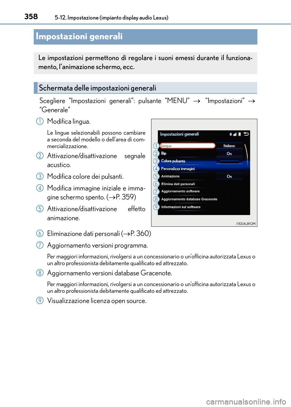 Lexus CT200h 2017 Manuale del proprietario (in Italian) 3585-12. Impostazione (impianto display audio Lexus)
CT200h_OM_OM99N10L_(EL)
Impostazioni generali
Scegliere “Impostazioni generali”: pulsante “MENU” → “Impostazioni” →
“Generale” Lexus CT200h 2017 Manuale del proprietario (in Italian) 3585-12. Impostazione (impianto display audio Lexus)
CT200h_OM_OM99N10L_(EL)
Impostazioni generali
Scegliere “Impostazioni generali”: pulsante “MENU” → “Impostazioni” →
“Generale”