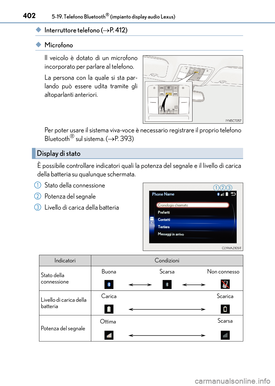 Lexus CT200h 2017  Manuale del proprietario (in Italian) 4025-19. Telefono Bluetooth® (impianto display audio Lexus)
CT200h_OM_OM99N10L_(EL)
◆Interruttore telefono (→P.  4 1 2 )
◆Microfono
Il veicolo è dotato di un microfono
incorporato per parlare 
