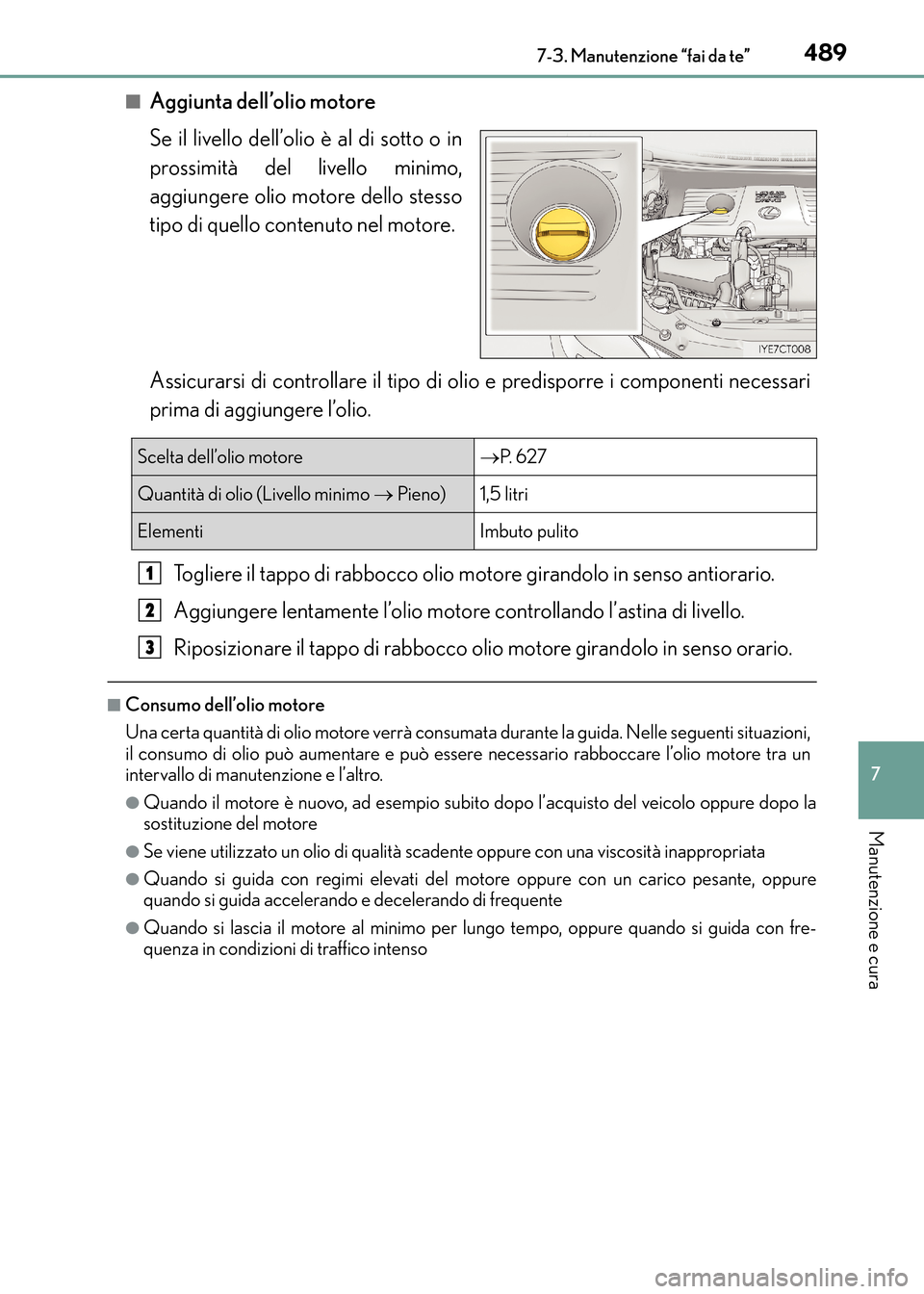 Lexus CT200h 2017 Manuale del proprietario (in Italian) 4897-3. Manutenzione “fai da te”
CT200h_OM_OM99N10L_(EL)
7
Manutenzione e cura
■Aggiunta dell’olio motore
Se il livello dell’olio è al di sotto o in
prossimità del livello minimo,
aggiunge Lexus CT200h 2017 Manuale del proprietario (in Italian) 4897-3. Manutenzione “fai da te”
CT200h_OM_OM99N10L_(EL)
7
Manutenzione e cura
■Aggiunta dell’olio motore
Se il livello dell’olio è al di sotto o in
prossimità del livello minimo,
aggiunge