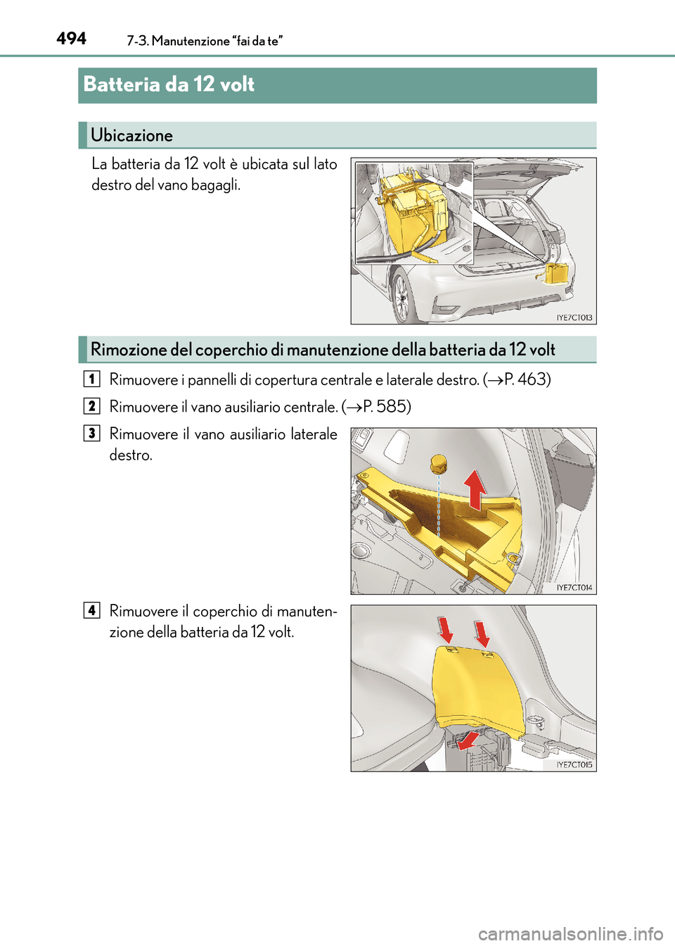 Lexus CT200h 2017  Manuale del proprietario (in Italian) 4947-3. Manutenzione “fai da te”
CT200h_OM_OM99N10L_(EL)
Batteria da 12 volt
La batteria da 12 volt è ubicata sul lato
destro del vano bagagli.Rimuovere i pannelli di copertura centrale e lateral