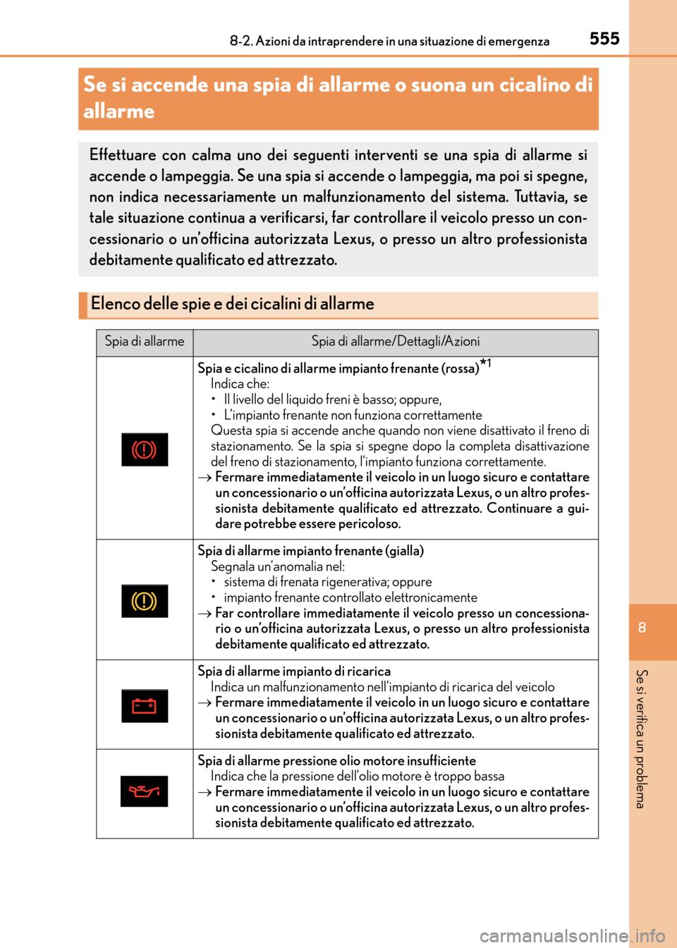 Lexus CT200h 2017 Manuale del proprietario (in Italian) 5558-2. Azioni da intraprendere in una situazione di emergenza
CT200h_OM_OM99N10L_(EL)
8
Se si verifica un problema
Se si accende una spia di allarme o suona un cicalino di
allarme
Effettuare con cal Lexus CT200h 2017 Manuale del proprietario (in Italian) 5558-2. Azioni da intraprendere in una situazione di emergenza
CT200h_OM_OM99N10L_(EL)
8
Se si verifica un problema
Se si accende una spia di allarme o suona un cicalino di
allarme
Effettuare con cal