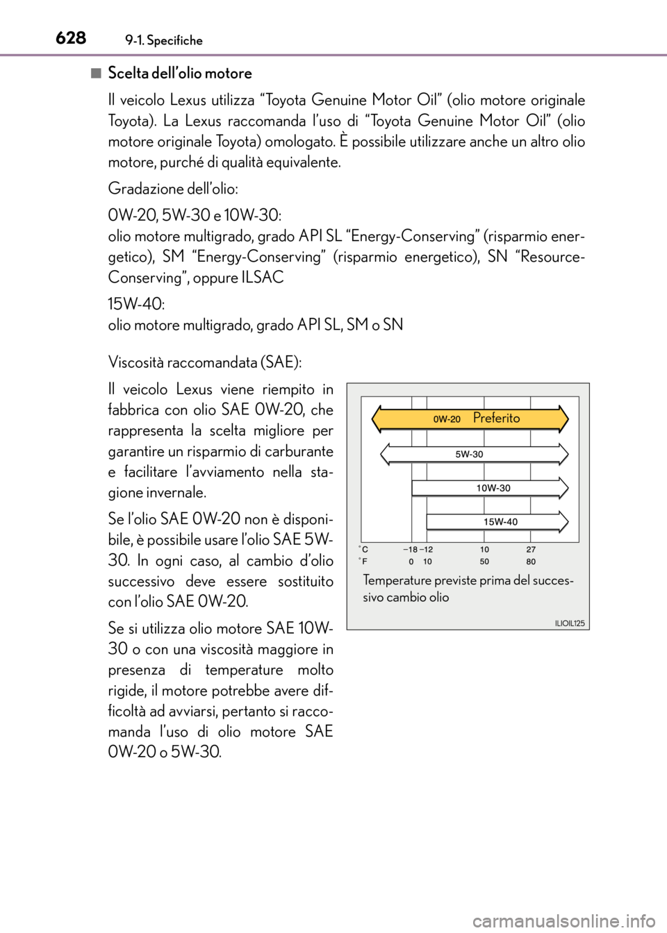 Lexus CT200h 2017 Manuale del proprietario (in Italian) 6289-1. Specifiche
CT200h_OM_OM99N10L_(EL)■
Scelta dell’olio motore
Il veicolo Lexus utilizza “Toyota Genuine Motor Oil” (olio motore originale
Toyota). La Lexus raccomanda l’uso di “Toyot Lexus CT200h 2017 Manuale del proprietario (in Italian) 6289-1. Specifiche
CT200h_OM_OM99N10L_(EL)■
Scelta dell’olio motore
Il veicolo Lexus utilizza “Toyota Genuine Motor Oil” (olio motore originale
Toyota). La Lexus raccomanda l’uso di “Toyot