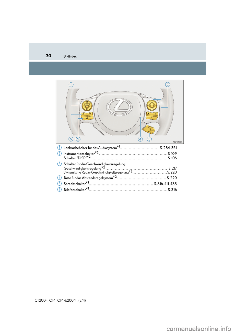 Lexus CT200h 2016 Betriebsanleitung (in German) 30Bildindex
CT200h_OM_OM76200M_(EM)Lenkradschalter für das Audiosystem
*1. . . . . . . . . . . . . . . . . . . . . . . . . . . . . . . S. 284, 351
Instrumentenschalter
*2 . . . . . . . . . . . . . . Lexus CT200h 2016 Betriebsanleitung (in German) 30Bildindex
CT200h_OM_OM76200M_(EM)Lenkradschalter für das Audiosystem
*1. . . . . . . . . . . . . . . . . . . . . . . . . . . . . . . S. 284, 351
Instrumentenschalter
*2 . . . . . . . . . . . . . .